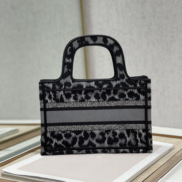 Dior Mini Book Tote Gray Leopard Mizza Embroidery