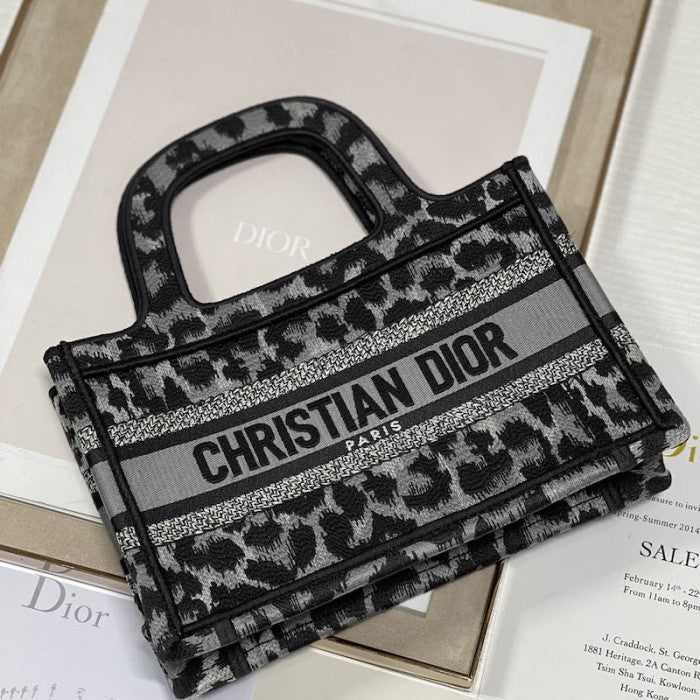 Dior Mini Book Tote Gray Leopard Mizza Embroidery