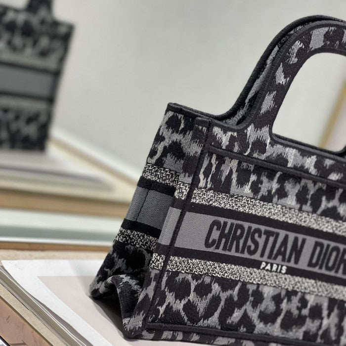 Dior Mini Book Tote Gray Leopard Mizza Embroidery