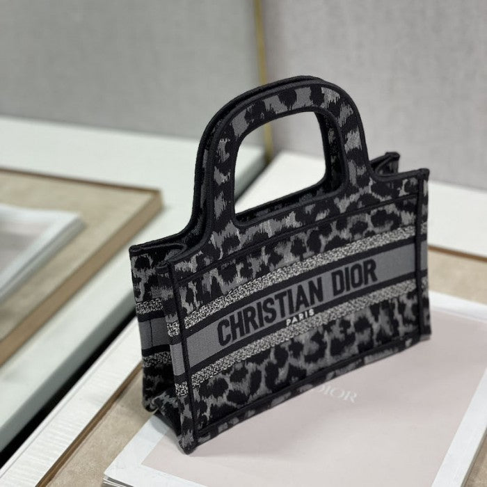 Dior Mini Book Tote Gray Leopard Mizza Embroidery
