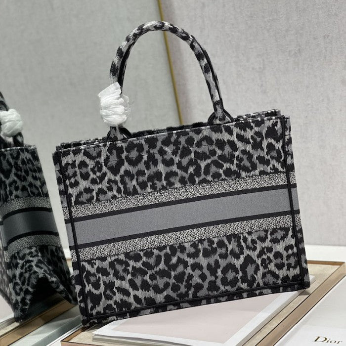 Dior Samll Book Tote Gray Leopard Mizza Embroidery