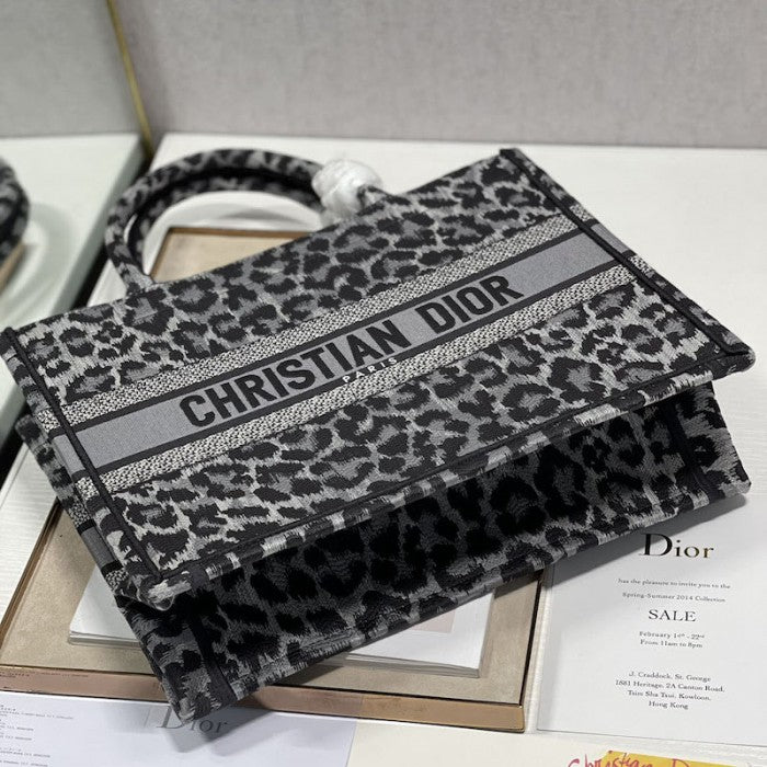 Dior Samll Book Tote Gray Leopard Mizza Embroidery