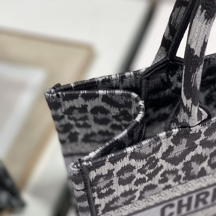 Dior Samll Book Tote Gray Leopard Mizza Embroidery