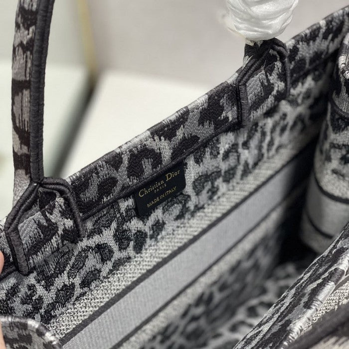 Dior Samll Book Tote Gray Leopard Mizza Embroidery