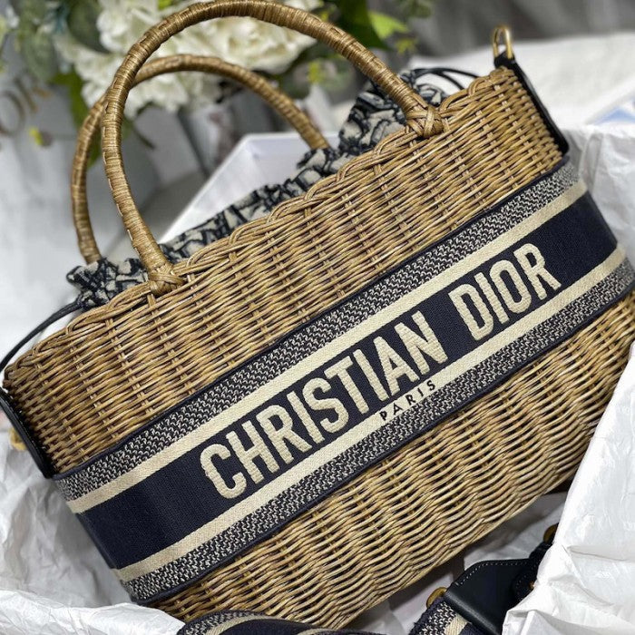 Dior Wicker Basket Bag Blue Dior Oblique Jacquard and Natural Wicker