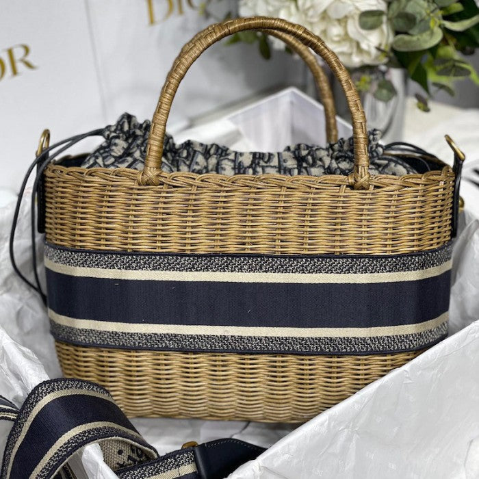 Dior Wicker Basket Bag Blue Dior Oblique Jacquard and Natural Wicker