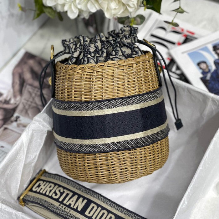 Dior Wicker Bucket Bag Blue CD Oblique Jacquard and Natural Wicker