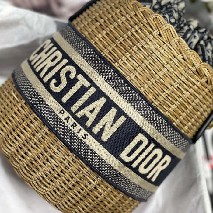 Dior Wicker Bucket Bag Blue CD Oblique Jacquard and Natural Wicker