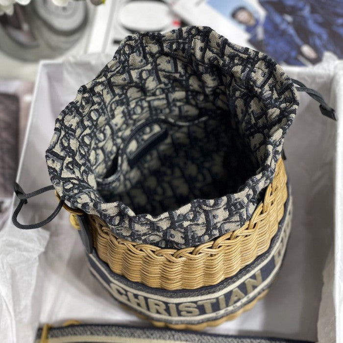Dior Wicker Bucket Bag Blue CD Oblique Jacquard and Natural Wicker