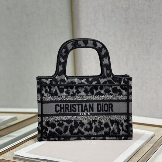 Dior Mini Book Tote Gray Leopard Mizza Embroidery