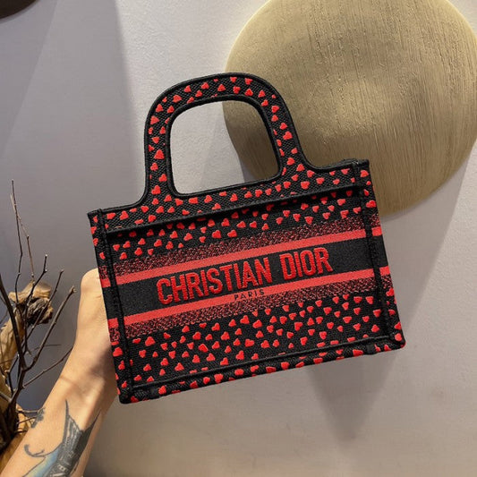 Dior Mini Dior Book Tote I Love Paris and Red Hearts Embroidery