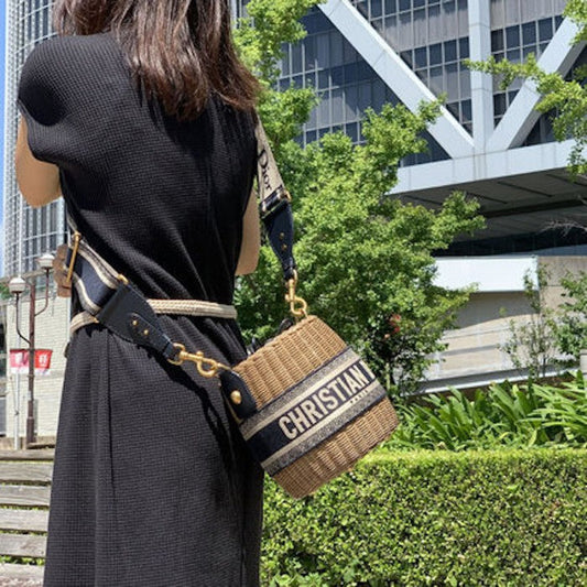 Dior Wicker Bucket Bag Blue CD Oblique Jacquard and Natural Wicker
